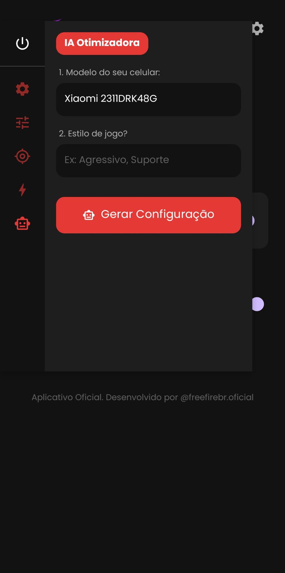 Tela IA Otimizadora do app GARENA TOOLS